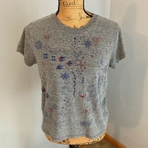 MOTHER Gray Short Sleeve Tee with Blue and Red Doodle Accents Women Size M